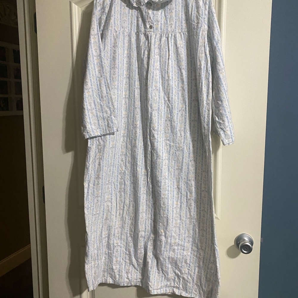 Vintage Cottage Core Flannel White and Blue Striped Nightgown